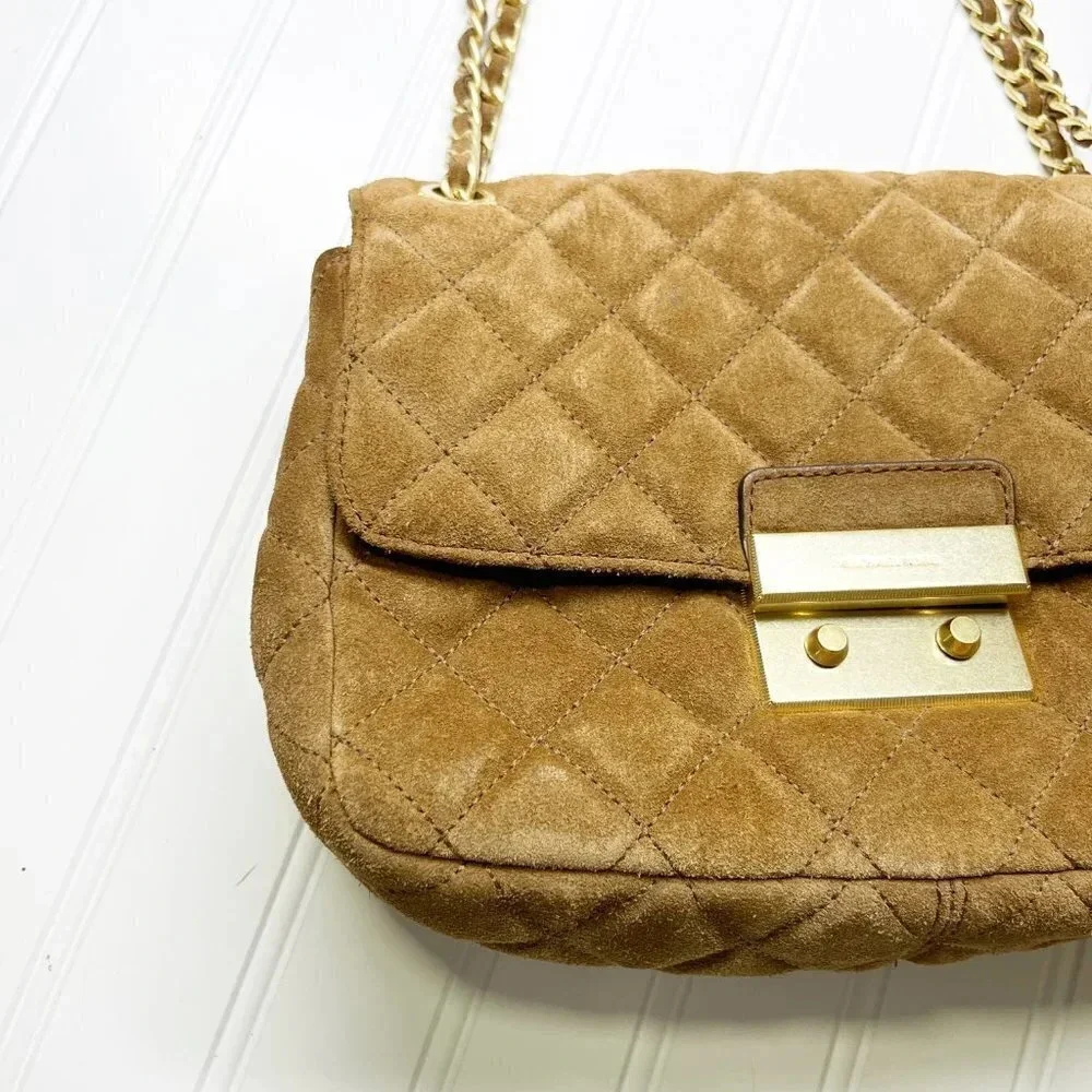 Michael Kors Tan Camel Suede Large Sloan Quilted Leather Shoulder Bag Chain